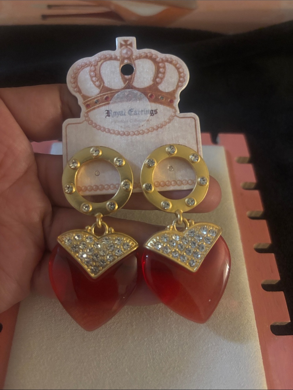 Gold-Tone Red Heart Drop Earrings with Crystal Accents